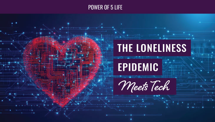 tech grid background with a heart for a blog post about the loneliness epidemic and technology