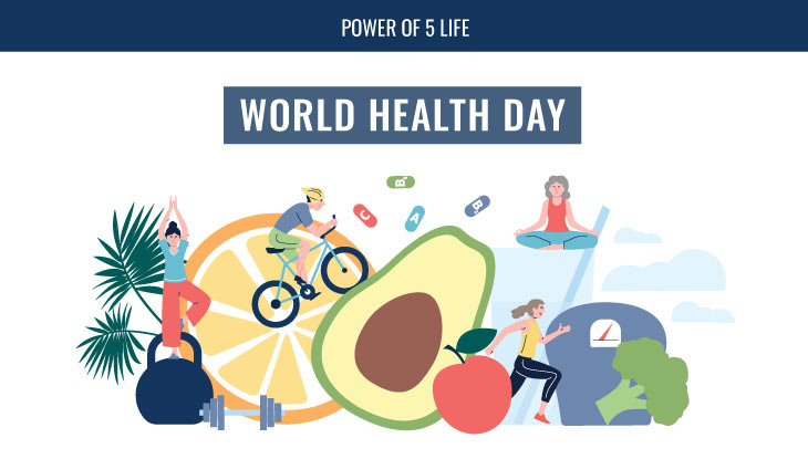 an illustration on World Health Day of ways to stay healthy -- food, exercise and more