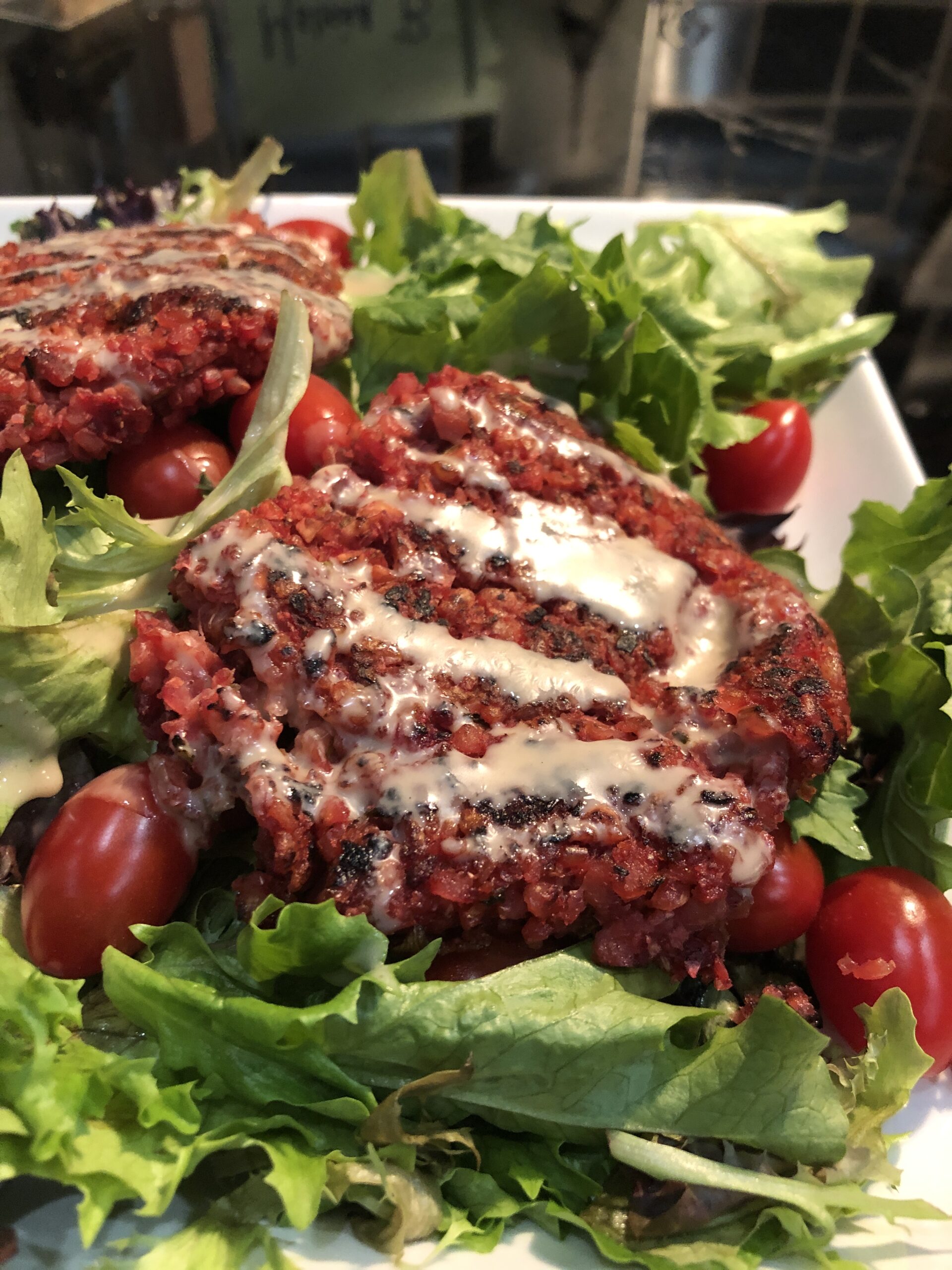 burger with roasted beets and tahini