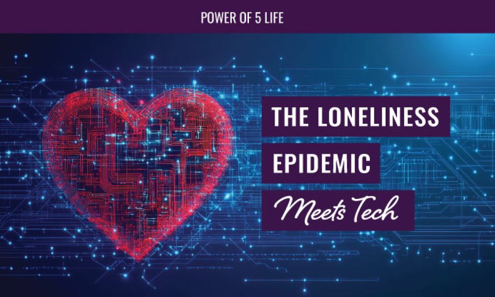 tech grid background with a heart for a blog post about the loneliness epidemic and technology