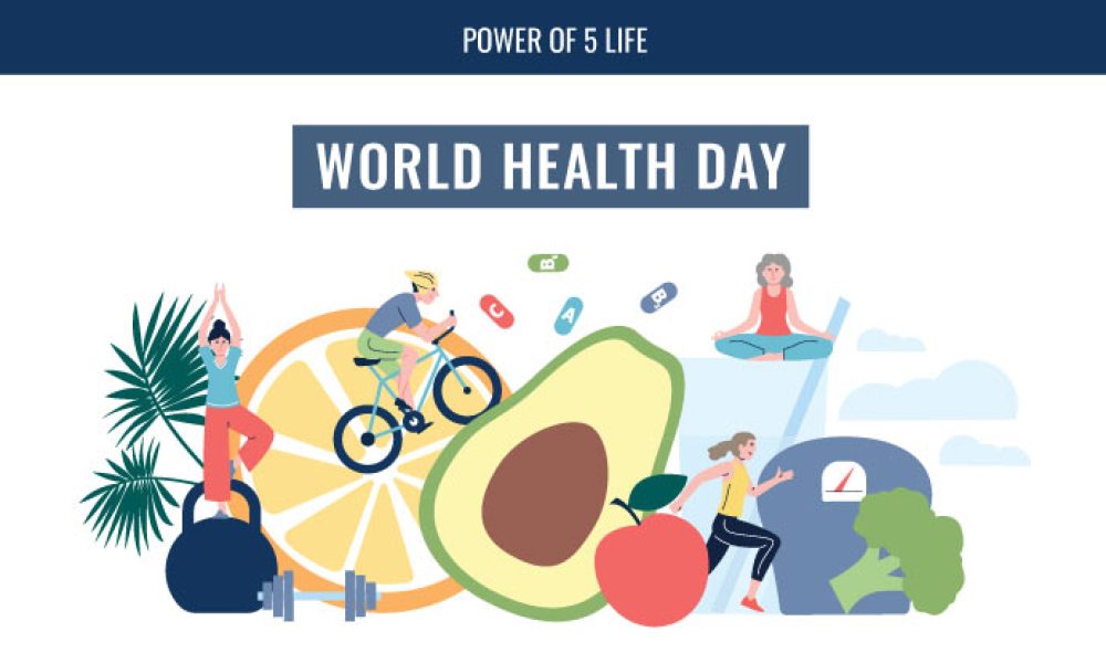 an illustration on World Health Day of ways to stay healthy -- food, exercise and more