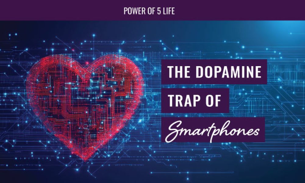 heart and tech graphics for a blog post about the dopamine trap of smartphones