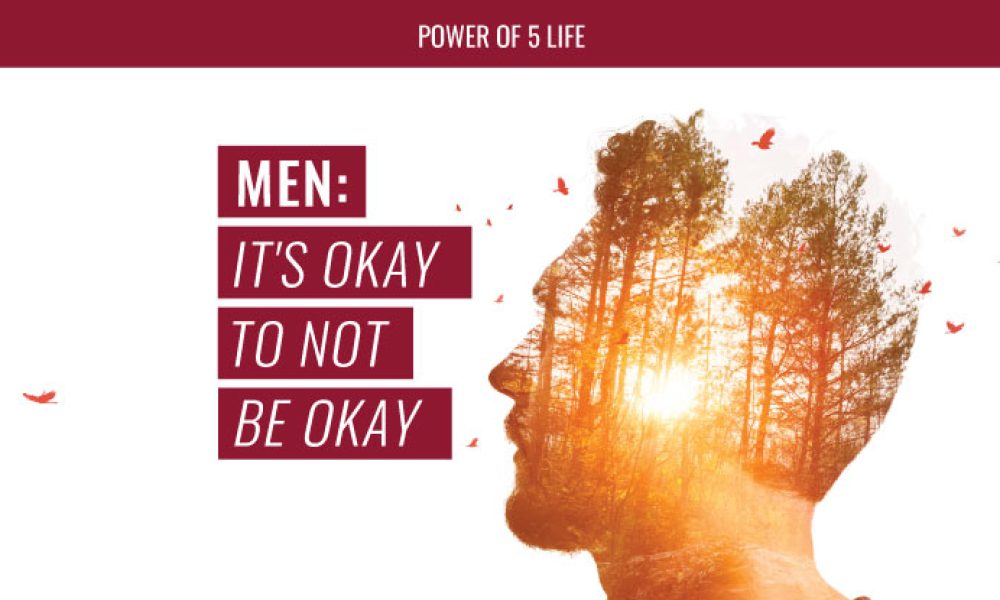 man's head with an overlay image of trees and sunshine representing mental health for Men's Health Month