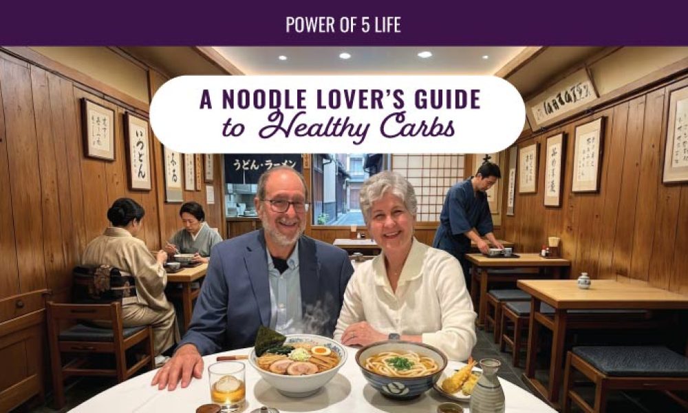 a photo of Dr. B and Melissa traveling in Asia having noodles -- for a blog post about noodles and carbs