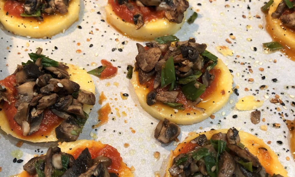 roasted polenta topped with mushrooms and scallions