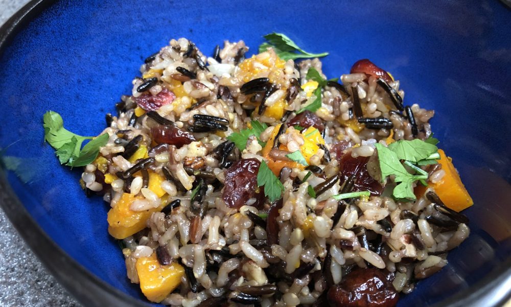 wild rice pilaf with butternut squash, cranberries & pecans