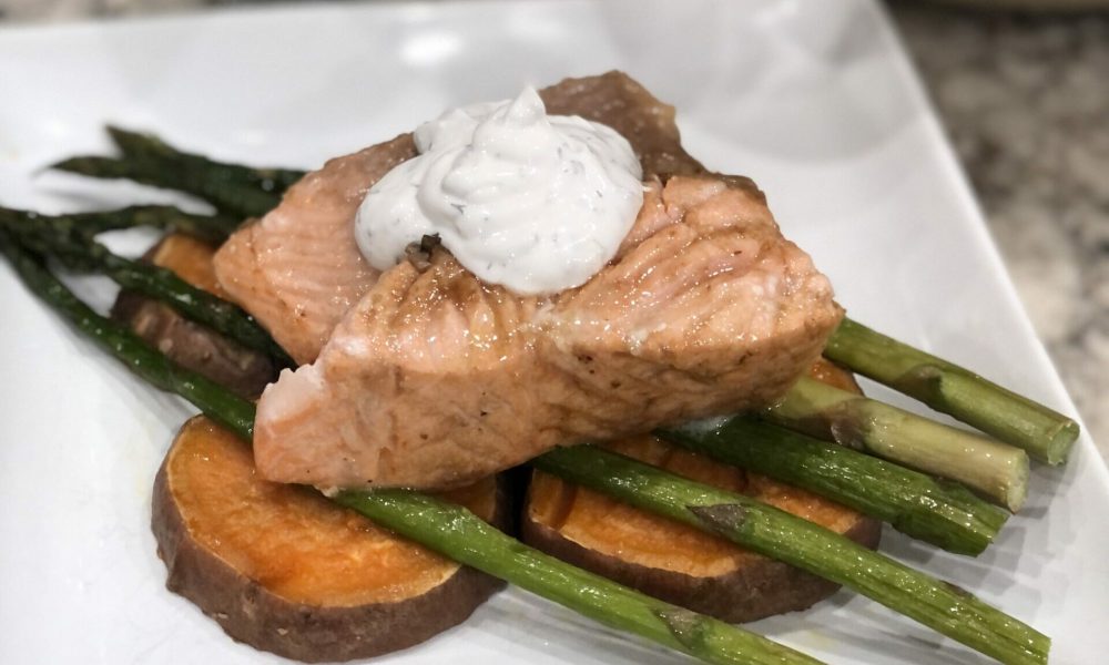 salmon, sweet potatoes, and asparagus