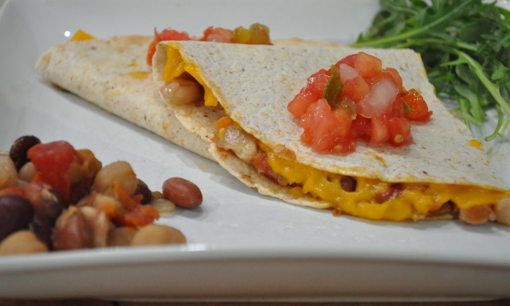 vegetarian chili and cheese quesadilla