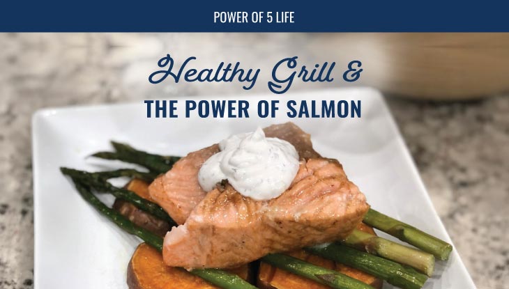 plate of grilled salmon, asparagus, and sweet potatoes - blog post and recipe for the power of salmon