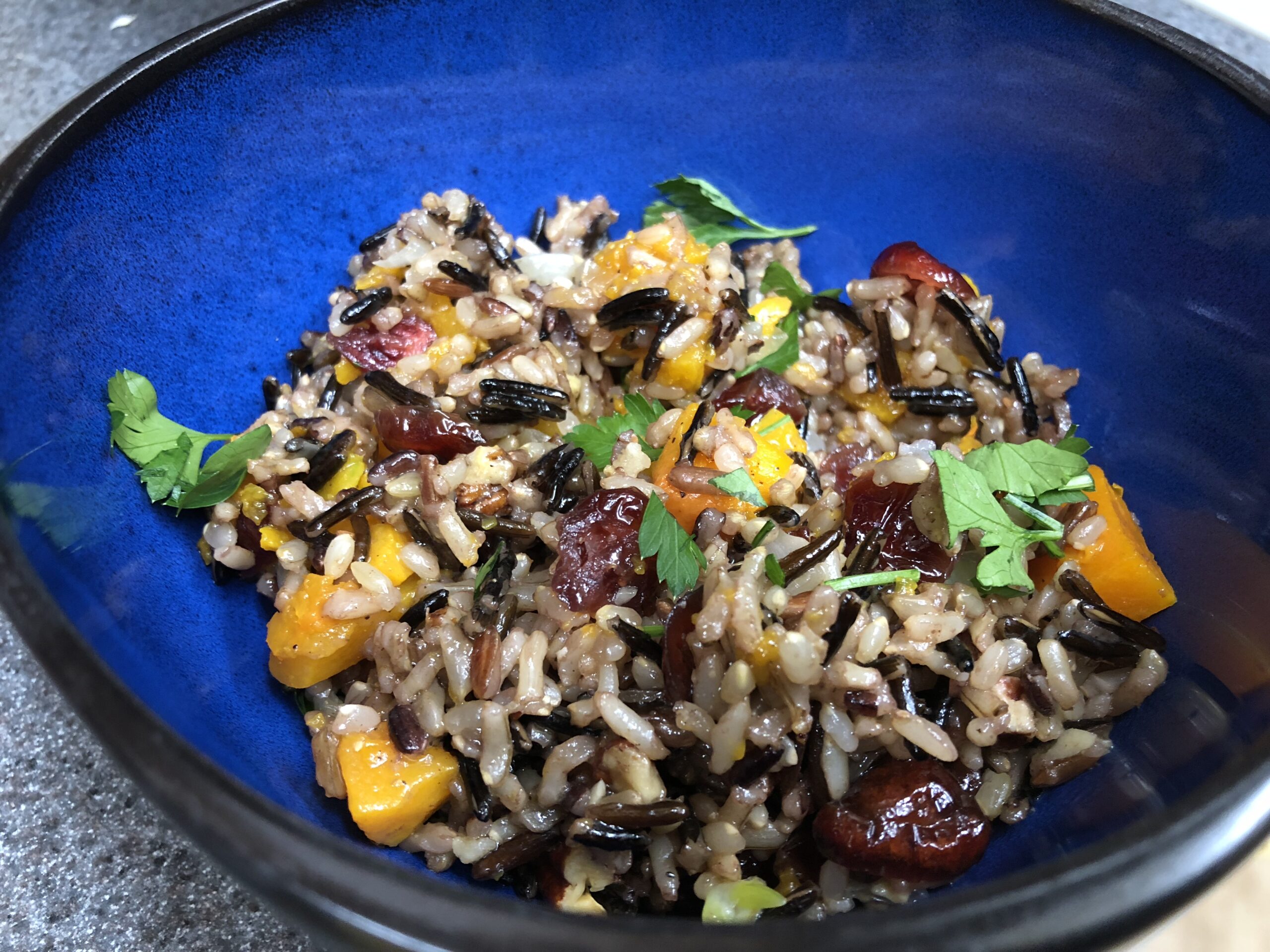 wild rice pilaf with butternut squash, cranberries & pecans