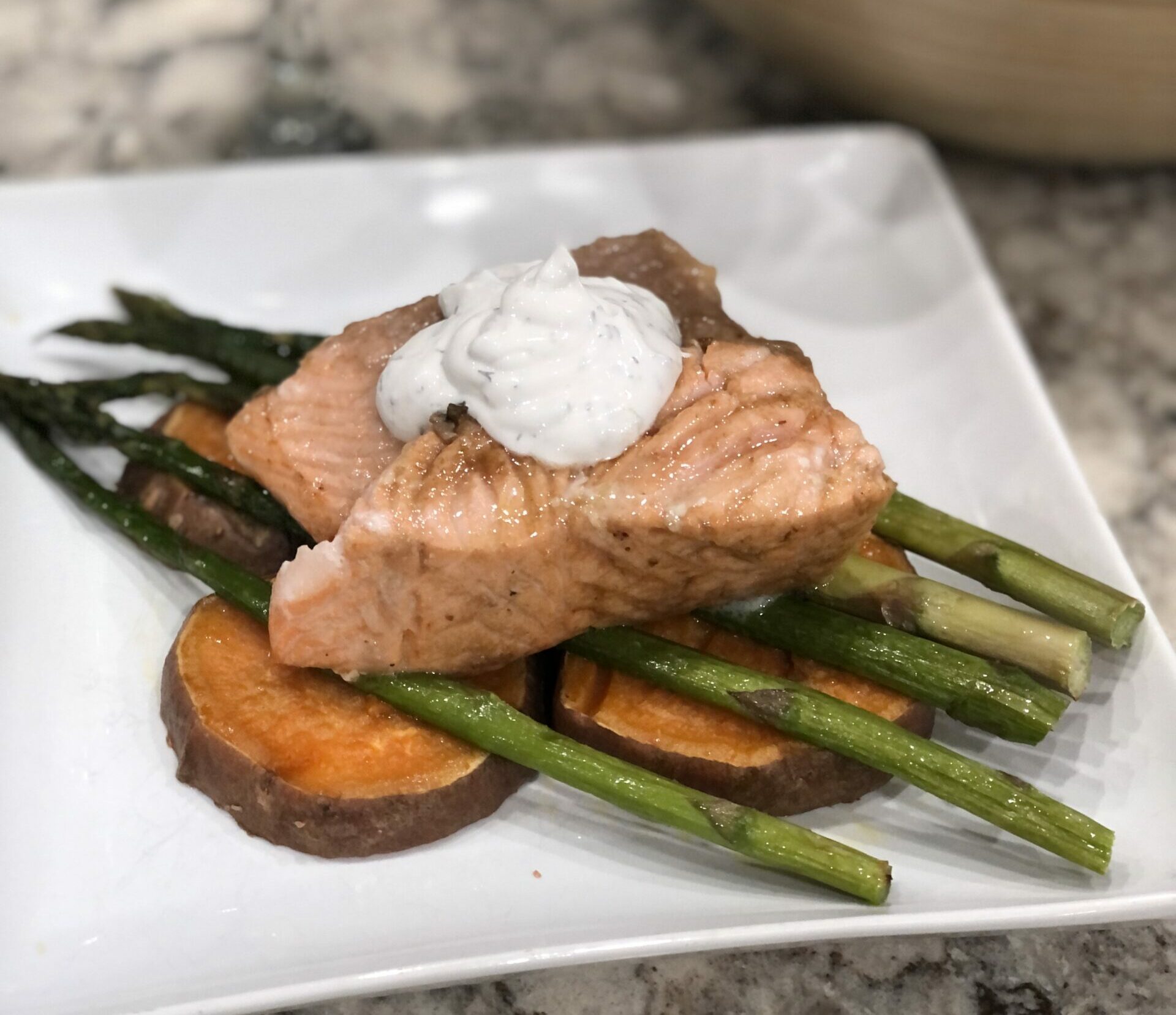 salmon, sweet potatoes, and asparagus