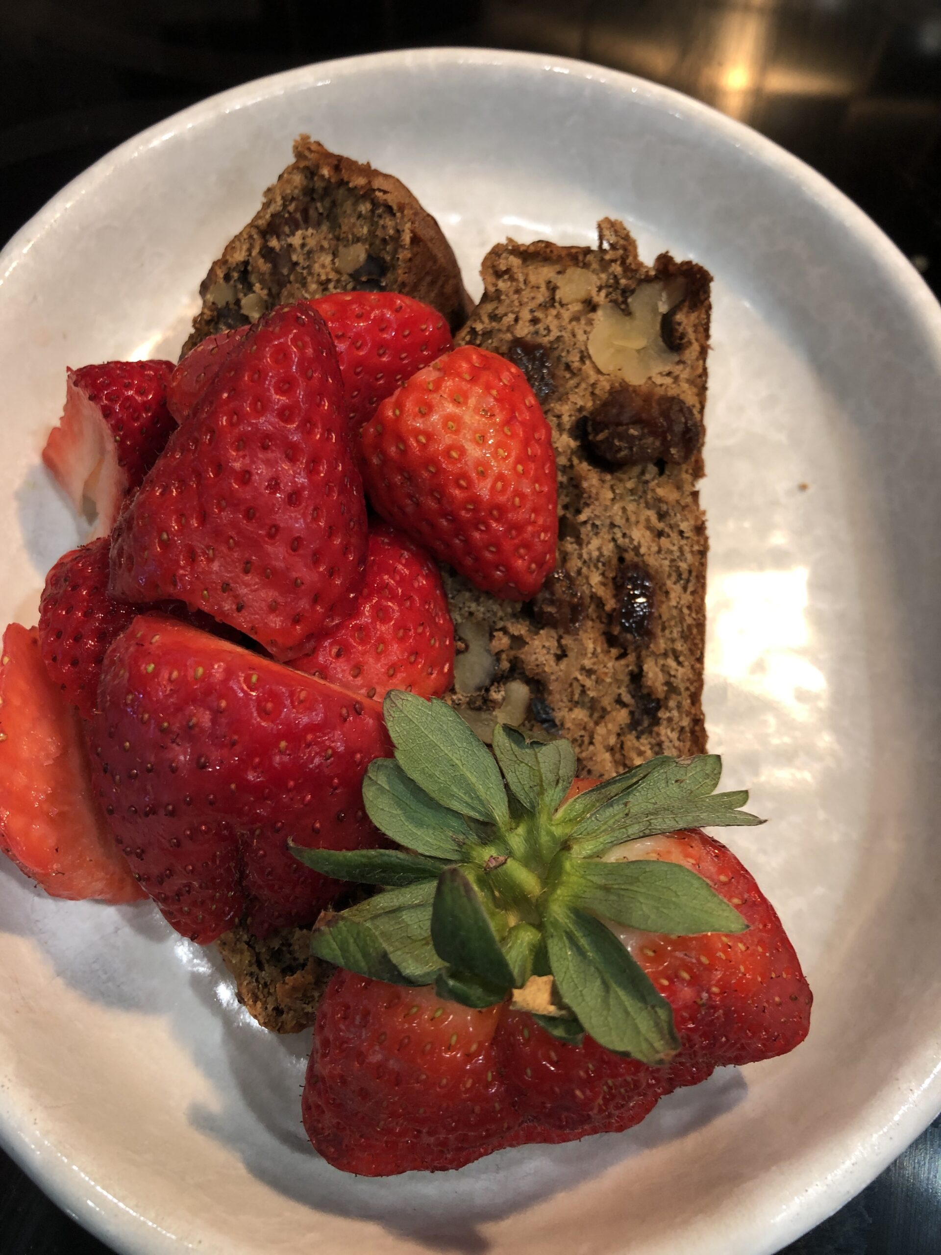 fresh strawberries with raisin walnut banana bread