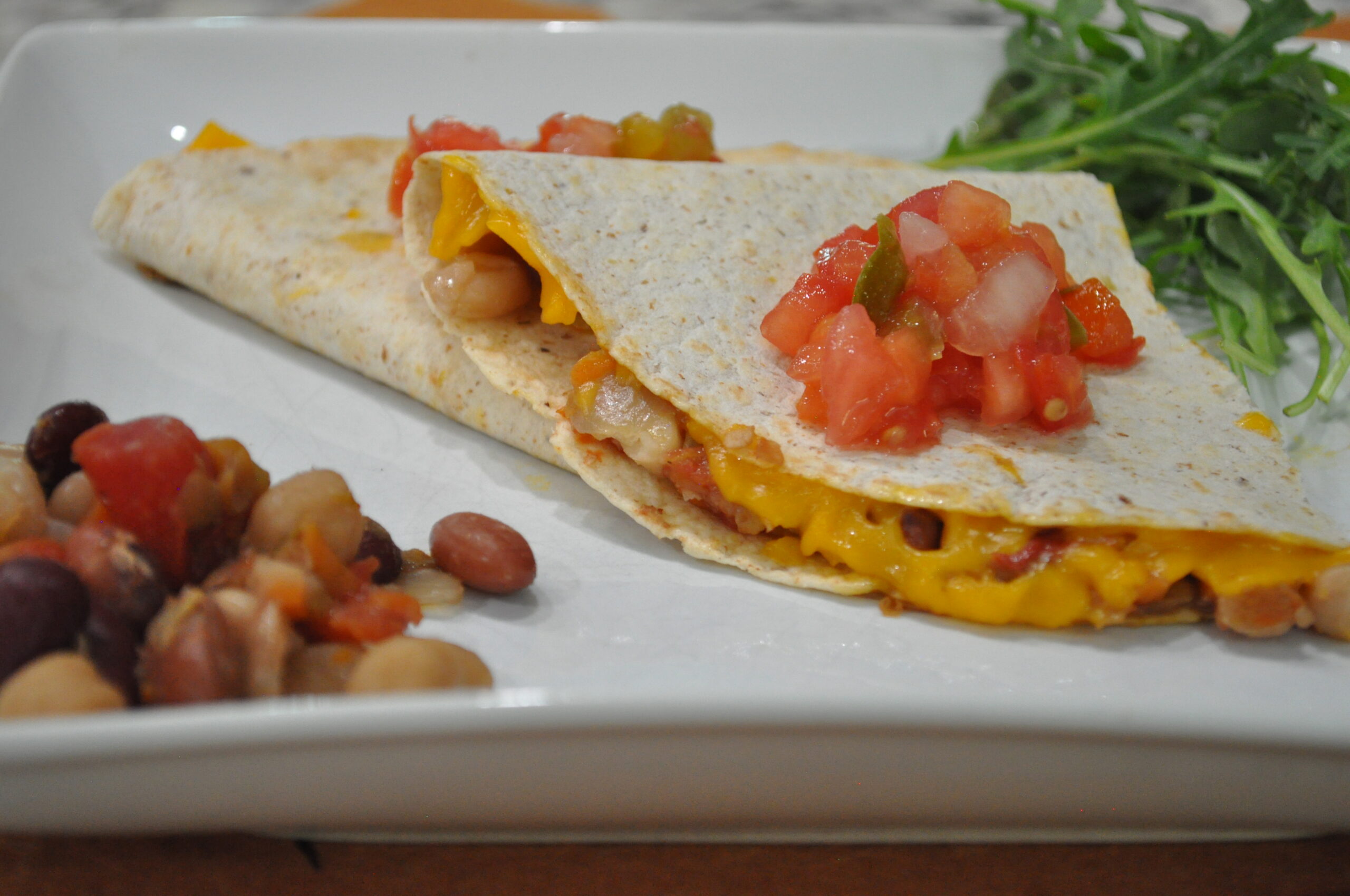 vegetarian chili and cheese quesadilla